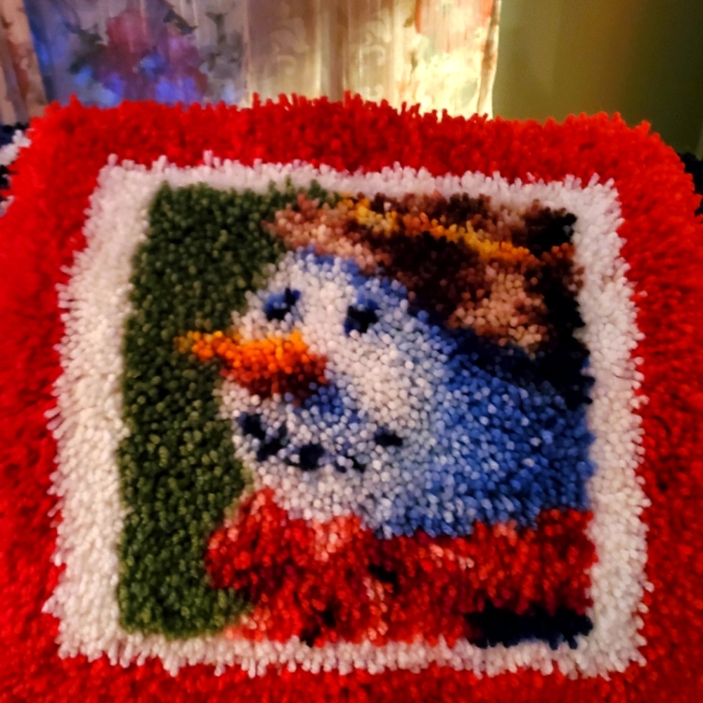 Completed Herrschner Decorative Latch Hook Pillowcase  - Snowman